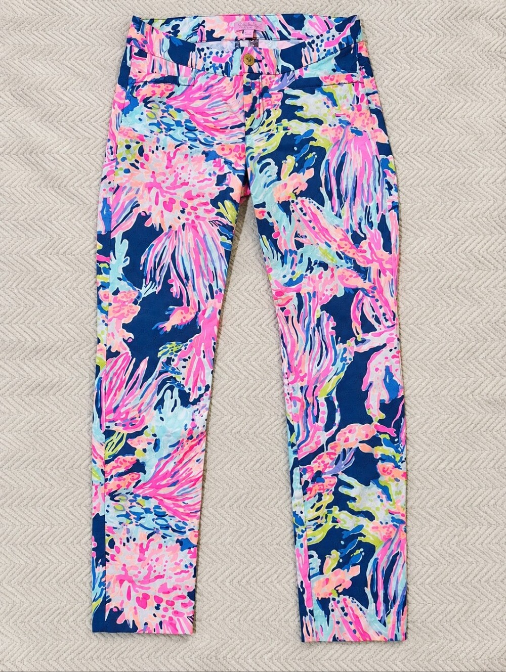Lilly Pulitzer Kelly Skinny Ankle Pants Size 0 Tropical Floral Pink Navy